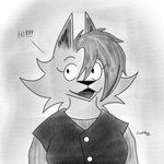 anthro big_breasts black_nose breasts clothed clothing ear_tuft female fur hair simple_background smile solo tuft coyotebass xanny_(coyotebass) canid canine canis coyote mammal digital_media_(artwork) hi_res monochrome