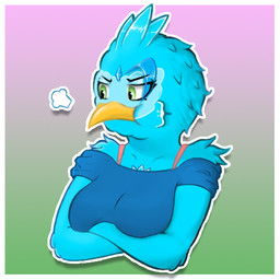 anthro beak blue_body blue_feathers clothed clothing crossed_arms eyebrows feathers female forehead_gem gem gradient_background grumpy outline pink_clothing pink_shirt pink_topwear shirt simple_background solo sticker topwear mvikt viktoria_(mvikt) accipitrid accipitriform avian bird eagle 1:1