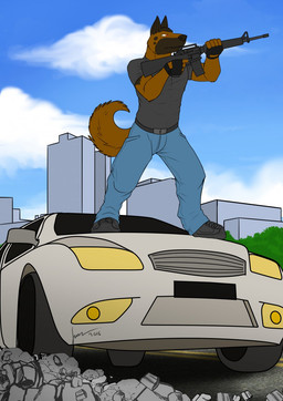 anthro black_clothing black_gloves black_handwear blue_bottomwear blue_clothing blue_pants blue_sky bottomwear brown_body brown_fur building car clothed clothing cloud front_view fur gloves grey_clothing grey_shirt grey_t-shirt grey_topwear gun handwear holding_gun holding_object holding_ranged_weapon holding_weapon male male_anthro mouth_closed on_car orange_eyes outside pants ranged_weapon shirt sky solo standing t-shirt topwear vehicle weapon hufnaar canid canine mammal 2016 dated hi_res signature