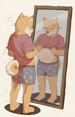 anthro blush clothing clothing_pull embarrassed eyebrows fur male mirror multicolored_body multicolored_fur navel reflection shirt shirt_pull shoeless simple_background slightly_chubby solo speech_bubble standing tail topwear topwear_pull underwear cruepocket canid canine canis domestic_dog mammal shiba_inu spitz hi_res