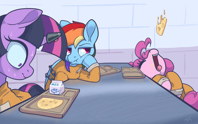 female food furniture group horn milk open_mouth pink_eyes prison prison_uniform quesadilla table tongue tongue_out trio wings storyteller_(artist) friendship_is_magic hasbro my_little_pony mythology pinkie_pie_(mlp) rainbow_dash_(mlp) twilight_sparkle_(mlp) equid equine horse mammal mythological_creature mythological_equine pegasus pony unicorn 16:10 hi_res widescreen