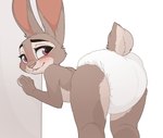 anthro bent_over blush butt clothed clothing diaper diaper_only female hand_on_wall long_ears presenting presenting_diaper presenting_hindquarters smile solo topless wall_(structure) wearing_diaper messyszop disney zootopia judy_hopps lagomorph leporid mammal rabbit hi_res