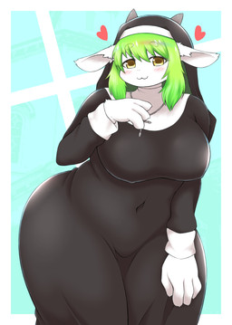 4_fingers :3 anthro big_breasts biped black_clothing black_dress blue_background blush breasts clothed clothing cross cross_necklace dress female female_anthro fingers front_view fully_clothed fur green_hair habit hair heart_symbol horizontal_pupils horn huge_breasts jewelry kemono looking_at_viewer monotone_body monotone_fur monotone_hair navel necklace nipple_outline nun pupils simple_background slightly_chubby smile solo standing thick_thighs white_body white_fur wide_hips yellow_eyes varnish_(artist) bovid caprine goat mammal hi_res portrait three-quarter_portrait