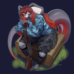anthro biped bottomwear breasts clothed clothing eyelashes female furgonomic_piercing furgonomics grey_body gun hair piercing pupils ranged_weapon red_hair shotgun sitting solo thick_thighs topwear weapon emmyliquid cobra reptile scalie snake 1:1 hi_res