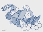 69_position anthro balls butt duo feet genitals hindpaw male male/male oral pawpads paws penis sex sitting teaselbone looney_tunes warner_brothers bugs_bunny lagomorph leporid mammal rabbit 2022 4:3 blue_and_white monochrome