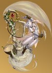 4_fingers anthro breasts clothing female fingers flower gold_(metal) gold_jewelry green_eyes hair harp jewelry musical_instrument navel orange_background plant plucked_string_instrument pubes simple_background solo string_instrument tree_stump white_body white_hair botak final_fantasy final_fantasy_ix square_enix freya_crescent burmecian felid mammal rodent 2020 hi_res