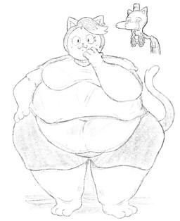 anthro barefoot belly belly_overhang belly_peeking_out big_belly big_breasts bottomwear breasts clothing duo ear_piercing ear_ring eyes_popping_out feet female front_view hair hand_on_chin hand_on_hip looking_at_viewer navel obese obese_anthro obese_female overweight overweight_anthro overweight_female piercing ring_piercing shirt short_hair shorts simple_background smile solo_focus standing t-shirt tail topwear white_background wide_hips newartistcool nickelodeon spongebob_squarepants undertale_(series) burgerpants catty_cattenheimer domestic_cat felid feline felis mammal 2024 full-length_portrait greyscale hi_res monochrome portrait sketch