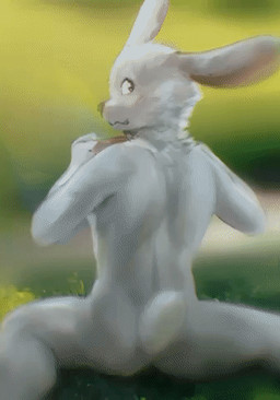 animated_gif anthro blurred_background butt caught_in_the_act clothing male nature nature_background nude rear_view shy solo speedpaint underwear white_body stampmats lagomorph leporid mammal rabbit animated low_res painting_(artwork) short_playtime timelapse
