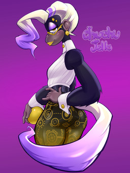 anthro big_butt black_body black_fur bottomwear butt clothed clothing cuffs_(clothing) ear_piercing eyelashes eyeshadow eyewear female fur glasses grey_body grey_fur hair hand_on_hip lipstick looking_at_viewer looking_back looking_back_at_viewer makeup multicolored_hair pants pattern_bottomwear pattern_clothing pattern_pants piercing purple_background purple_eyeshadow purple_hair purple_tail simple_background solo tail thick_thighs topwear two_tone_hair two_tone_tail white_clothing white_hair white_tail white_topwear wide_hips yellow_bottomwear yellow_clothing yellow_eyes yellow_lipstick yellow_pants chuchujello donkey_kong_(series) nintendo poppy_kong haplorhine kong mammal monkey primate 3:4 absurd_res hi_res