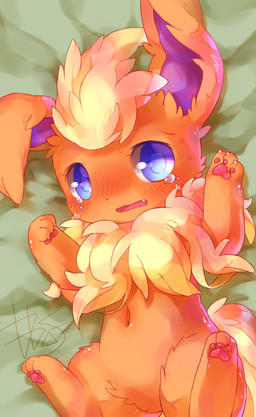 3_fingers 3_toes ambiguous_gender bedding blanket blue_eyes blush blush_lines bodily_fluids claws crying digitigrade feet feral fingers fluffy fluffy_tail fur green_background looking_at_viewer lying navel neck_tuft on_back on_blanket one_fang open_mouth orange_body orange_fur pawpads paws pink_pawpads purple_inner_ear simple_background solo sweat sweatdrop tail tears toes tuft yellow_body yellow_fur d685ab7f nintendo pokemon eeveelution flareon generation_1_pokemon mammal pokemon_(species) digital_drawing_(artwork) digital_media_(artwork) signature unavailable_at_source
