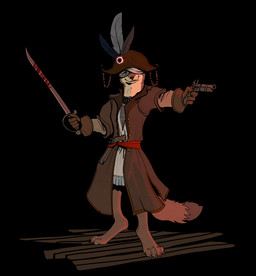 anthro barefoot black_background black_tail_tip blind clothed clothing digitigrade dipstick_tail disability feet female hat headgear headwear holding_melee_weapon holding_object holding_saber holding_weapon markings melee_weapon pirate simple_background solo standing tail tail_markings weapon garbagegarage mammal mustelid musteline stoat true_musteline weasel hi_res