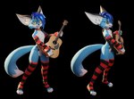 acoustic_guitar anthro arm_warmers armwear big_ears black_background blue_body blue_fur blue_hair chest_tuft clothing collar digitigrade eyewear fangs femboy footprint fox_tail fur glasses green_eyes guitar hair holding_object inner_ear_fluff legwear male musical_instrument pawprint plucked_string_instrument simple_background slim smile solo string_instrument teeth thigh_highs tuft whiskers white_body white_fur dragoon343 seth_emerald canid canine fennec_fox fox mammal true_fox 3d_(artwork) digital_media_(artwork) hi_res