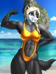 abs anthro beach biceps clothing cutout female flexing muscular muscular_anthro muscular_female navel one-piece_swimsuit seaside solo swimwear mykegreywolf liz_(mykegreywolf) badger mammal mustelid musteline 2021 3:4 hi_res