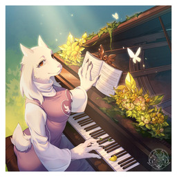 anthro border breasts brown_eyes claws clothing eyelashes fangs female floppy_ears flower fur grand_piano high-angle_view horn keyboard_instrument long_sleeves looking_at_viewer lop_ears mature_anthro mature_female medium_breasts moss musical_instrument piano plant robe sheet_music short_horn sitting small_horn smile solo tail teeth white_body white_border white_fur reignbeaux13 undertale_(series) toriel ambient_arthropod ambient_butterfly ambient_insect boss_monster_(undertale) bovid caprine goat mammal 1:1 2022 digital_media_(artwork) hi_res shaded watermark