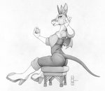 4_fingers anthro clothed clothing cosplay female fingers gem gloves handwear holding_object horn sitting smile solo tail ecmajor mythology sega sonic_the_hedgehog_(series) equustra_(ecmajor) rouge_the_bat equid equine mammal mythological_creature mythological_equine unicorn hi_res monochrome sketch traditional_media_(artwork)