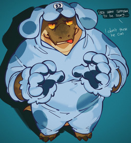 ambiguous_gender anthro barefoot biped black_claws blep blue_clothing blue_gloves blue_handwear blue_overalls claws clothed clothed_ambiguous clothed_anthro clothing countershade_face countershade_neck countershade_tail countershade_torso countershading dialogue dog_costume dot_pupils feet flesh_fang front_view fully_clothed fully_clothed_ambiguous fully_clothed_anthro gloves green_body handwear high-angle_view looking_at_viewer looking_up looking_up_at_viewer mouth_closed narrowed_eyes offscreen_character orange_sclera overalls red_tongue simple_background snout solo speech_bubble tail talking_to_another tan_body tan_countershading teal_background text toe_claws tongue tongue_out teseirei koda_(teseirei) crocodilian reptile scalie 2025 absurd_res colored digital_drawing_(artwork) digital_media_(artwork) english_text full-length_portrait hi_res portrait male_(lore)