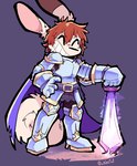 anthro biped brown_hair fur hair knight knight_armor male melee_weapon slim_anthro slim_male smile solo sword warrior weapon white_body white_fur alextwt lagomorph leporid mammal rabbit hi_res