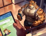 anthro bag bulge cellphone clothing door duo electronics glass inside male male/male muscular muscular_male phone shirt smartphone tank_top text topwear episode0006 felid mammal pantherine tiger english_text hi_res