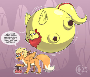 air_inflation black_outline blue_eyes feral fur immobile inflation motion_lines orange_body orange_fur outline pink_eyes red_body red_fur white_outline yellow_body yellow_fur chocend mythology shamy_(chocend) tyal avulpian dragon mythological_creature mythological_scalie scalie 2025 dated hi_res