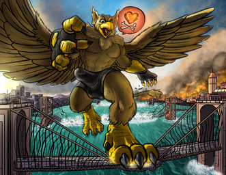 4_toes 5_fingers abs anthro balls balls_outline beak biceps biped boxer_briefs bridge brown_body building building_destruction bulge city city_background city_crushing city_destruction cityscape claws clothed clothing destruction detailed_background detailed_bulge erection erection_under_clothing feathered_wings feathers feet finger_claws fingerless_gloves fingers fire genital_outline genitals gloves handwear humanoid_genitalia looking_at_viewer macro macro_anthro macro_male male muscular muscular_anthro muscular_male open_mouth outside paws pecs penile penis penis_outline rampage river sky smile solo tail toe_claws toes underwear vehicle vehicle_destruction water wings tyrnn mythology carpo avian gryphon mythological_avian mythological_creature hi_res