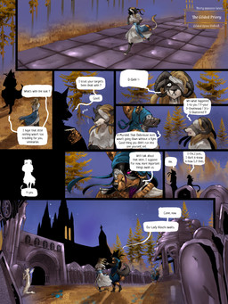 anthro blue_clothing bone cathedral cemetery clothing dialogue duo female gold_(metal) grass green_eyes male multicolored_body pink_eyes plant sky text tombstone tree two_tone_body tyunre nafisa_vharr_antrelys qadir_vharr_antrelys bovid canid canine canis caprine mammal wolf 3:4 comic english_text hi_res