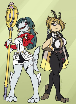 2_toes 3_toes anthro anthrofied barefoot clothing duo electronics feet female hair holding_object jacket long_hair microphone plantigrade smile spread_toes stirrup_legwear toes topwear bassybefuddle conditional_dnp mihoyo zenless_zone_zero astra_yao evelyn_chevalier aquatic arthropod fish insect lepidopteran moth