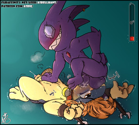 3_toes animal_genitalia anthro asphyxiation bdsm big_penis blush bodily_fluids bondage bound breath_play choking claws collar crying cuff_(restraint) cum cum_inside cumshot deep_throat duo ejaculation feet feral forced foreskin gameplay_mechanics genital_fluids genitals grin gui handcuffed handcuffs hands_tied health_bar huge_penis humanoid_genitalia humanoid_penis leaking leather leather_cuffs lying male male/male male_penetrated male_penetrating male_penetrating_male metal_cuffs mouthful onomatopoeia oral oral_penetration penetration penis peril precum restraints sex shaking sheath sigh simple_background smile sound_effects tapering_penis tea_bagging tears teeth text toes trembling vowelless vowelless_vocalization wrist_cuffs asbel_lhant conditional_dnp nintendo pokemon asbie fuji_(kiiro-the-scrafty) generation_2_pokemon generation_3_pokemon pokemon_(species) quilava sableye 2020 url