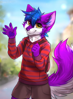 5_fingers anthro backpack biped blue_hair blue_inner_ear_fluff bottomwear brown_backpack brown_bottomwear brown_clothing brown_pants brown_shorts cheek_tuft clothing cute_fangs facial_tuft fangs fingers front_view fur gesture glistening glistening_eyes glistening_hair hair inner_ear_fluff looking_at_viewer male multicolored_body multicolored_fur multicolored_tail neck_tuft pants pattern_clothing pattern_topwear pawpads pink_inner_ear purple_body purple_fur purple_nose purple_pawpads purple_tail red_clothing red_topwear short_hair shorts smile solo striped_clothing striped_topwear stripes tail teeth topwear tuft waving white_body white_fur white_tail yellow_eyes bloominglynx raukthefox canid mammal digital_media_(artwork) hi_res shaded
