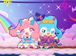 ambiguous_gender anthro blue_eyes blue_hair blush bottomwear clothed clothing cloud cosplay duo hair heart_symbol horn ornament pink_eyes pink_hair rainbow ribbons skirt star superflat qingduo himitsu_no_cocotama melory oshaki cocotama lagomorph mammal 2016 4:3