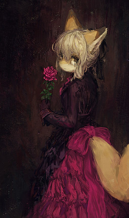 accessory anthro bow_(feature) bow_accessory bow_ribbon clothed clothing dipstick_ears dress ear_markings female flower fully_clothed fur furgonomics gloves hair hair_accessory hair_bow hair_ribbon handwear holding_flower holding_object kemono looking_at_viewer looking_back multicolored_ears plant purple_clothing purple_dress rear_view ribbons rose_(flower) solo standing tail tail_accessory tail_bow tail_ribbon white_hair yellow_body yellow_eyes yellow_fur tamakakego canid canine fox mammal hi_res painting_(artwork) traditional_media_(artwork)
