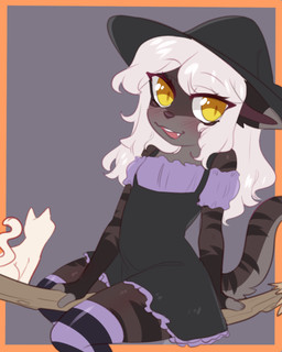 anthro arm_support bare_shoulders blush border broom brown_background cleaning_tool clothing dark_body dark_fur dipstick_ears dress ear_markings eyebrow_through_hair eyebrows fangs female feral fingerless_(marking) fingers flat_chested frilly frilly_clothing fur hair hair_on_shoulders hat headgear headwear leaning leaning_backward legwear long_hair looking_at_viewer multicolored_ears open_mouth orange_border pattern_clothing pattern_legwear pattern_thigh_highs raised_eyebrows simple_background sitting solo_focus striped_body striped_clothing striped_fur striped_legwear striped_thigh_highs stripes tail teeth thigh_highs translucent translucent_hair white_body white_fur white_hair witch_costume witch_hat yellow_eyes young young_anthro young_female aoizuri amalia_(claralaine) domestic_cat felid feline felis mammal 2019 4:5 hi_res