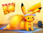 accessory anus big_butt biped bodily_fluids butt dumbbell exercise front_view fur genitals headband huge_butt looking_back lying male motion_lines musk musk_clouds on_front orange_body orange_fur panel_skew rear_view shaking_butt solo sweat sweaty_butt sweaty_genitalia sweaty_legs sweaty_thighs weights workout yoga_mat tepigfan101 nintendo pokemon generation_1_pokemon pikachu pokemon_(species) shiny_pokemon absurd_res hi_res