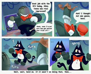 anthro bow_tie clothed clothing dialogue electronics for_a_head group male microphone text cellbothq deltarune undertale_(series) cat_mike_(deltarune) cowboy_hat_mike_(deltarune) mike_(deltarune) small_mike_(deltarune) darkner domestic_cat felid feline felis humanoid mammal object_head comic english_text hi_res