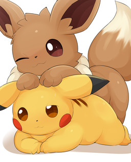 ambiguous_gender bodily_fluids brown_body duo feral lying on_front on_top_of pupils quadruped simple_background smile sweat tail yellow_body type nintendo pokemon eevee generation_1_pokemon pikachu pokemon_(species) absurd_res hi_res