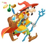 anthro belt bottle cape clothing container floppy_ears footwear gloves handwear hat headgear headwear male simple_background solo staff nemurism disney goof_troop goofy_(disney) canid canine canis domestic_dog mammal 2012