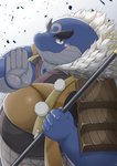 anthro belly blue_body blush clothed clothing kemono male overweight overweight_anthro overweight_male solo weapon jinku_56 tamacolle kii_(tamacolle) marine 2020 hi_res