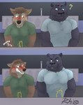 2_panel_comic anthro bathroom black_body blush blush_lines bodily_fluids brown_body clothed clothing duo ear_piercing ear_ring ears_down embarrased_horny embarrassed fur genital_fluids impressed looking_at_another looking_down male male_peeing multicolored_body multicolored_fur open_mouth peeing peeing_together peeing_while_erect piercing pivoted_ears public public_erection public_restroom ring_piercing shirt simple_background smile sneaky teeth text topwear two_tone_body two_tone_fur urine urine_stream watersports rhox unnamed_character canid canine canis felid mammal pantherine wolf comic digital_media_(artwork) english_text hi_res