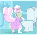 anthro bathroom blue_border blush bodily_fluids border bottomwear clothing diaper diaper_under_clothing feces fur gloves_(marking) hair markings overalls pawpads pink_body pink_clothing pink_fur pink_hair pink_overalls raised_tail saliva saliva_string shirt shortalls skunk_tail soiling solo standing sucking t-shirt tail thumb_suck toilet topwear underwear white_body white_fur young bubblepuppers mammal mephitid skunk hi_res