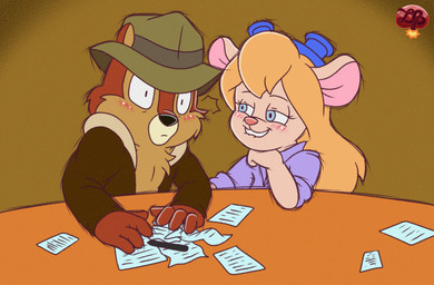 anthro bedroom_eyes bite biting_lip biting_own_lip blue_eyes blush brown_body clothed clothing coat duo eyewear eyewear_on_head female fur furniture goggles goggles_on_head hair hat headgear headwear implied_handjob looking_at_another male male/female narrowed_eyes overalls paper pen seductive self_bite simple_background sitting smile table teeth topwear under_table writing_utensil ladycherrybomba chip_'n_dale_rescue_rangers disney chip_(disney) gadget_hackwrench chipmunk ground_squirrel mammal mouse murid murine rodent sciurid digital_media_(artwork) hi_res