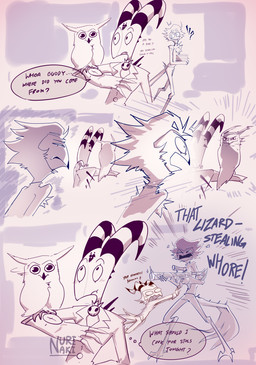 angry anthro beak clothing dialogue frown group gun hair horn humor male plumage profanity ranged_weapon rifle scowl shirt simple_background slim smile smug_expression suit text thought_bubble topwear weapon worried nurinaki hellaverse helluva_boss blitzo_(helluva_boss) moxxie_(helluva_boss) stolas_(helluva_boss) avian bird demon humanoid imp owl owl_demon 2025 comic english_text hi_res signature sketch