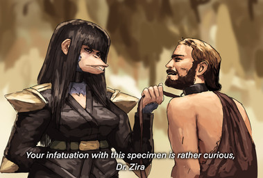 5_fingers anthro bangs beard black_hair blonde_hair choker clothed clothing collar dialogue duo facial_hair female fingers fully_clothed fur grey_body grey_fur hair hand_on_hip jewelry leash leash_pull leashed_collar long_hair male mustache necklace purple_eyes text torn_clothing uniform redustheriotact planet_of_the_apes beth_(redustheriotact) george_taylor_(pota) ape chimpanzee haplorhine human mammal pan_(genus) primate 2023 english_text hi_res