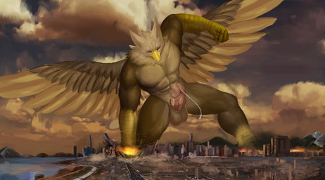 5_fingers abs anthro balls beak biceps biped bodily_fluids brown_body brown_fur building building_destruction city city_background city_destruction cityscape claws destruction erection feathered_wings feathers feet finger_claws fingers fire fur genital_fluids genitals macro macro_anthro macro_male male muscular muscular_anthro muscular_male nude outside paws pecs penile penis precum rampage solo tail wings solutionwcs mythology carpo avian gryphon mythological_avian mythological_creature hi_res