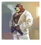 anthro beard belt bodily_fluids bottle breath chest_tuft clothed clothing container facial_hair hand_on_hip male manly musclegut muscular nipples open_clothing open_mouth open_shirt open_topwear pecs shirt simple_background standing sweat topwear tuft water_bottle yeshh morenatsu juuichi_mikazuki bear black_bear mammal moon_bear ursine 2024 absurd_res hi_res