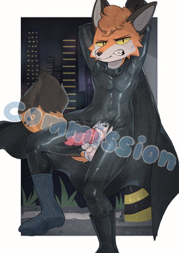 animal_genitalia anthro canine_genitalia clothing footwear fur genitals knot knotted_penis latex male orange_body orange_fur penis public sheath socks solo standing white_body white_fur yellow_eyes kanto05 onebadfurry canid canine fox mammal hi_res