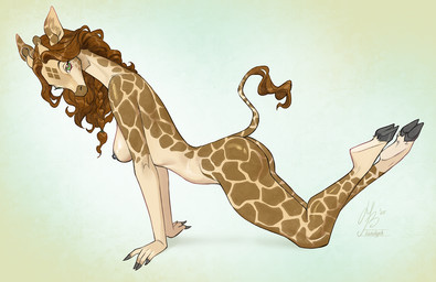 anthro braided_hair breasts brown_body brown_hair butt cloven_hooves dark_nipples female fur green_eyes hair hooves horn long_neck looking_at_viewer markings nipples nude ossicone pose side_boob skinny solo spots spotted_body spotted_fur spotted_markings spotted_tail tail tail_markings tail_tuft tall tan_body tan_fur tuft landysh gracey_halvenka giraffe giraffid mammal