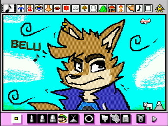 anthro clothing looking_at_viewer male mountain outside screencap simple_background solo text wind rodricoro mario_paint belu_miranda_(character) canid canine canis domestic_dog mammal bust_portrait digital_media_(artwork) dithering mario_paint_(artwork) portrait