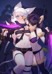 5_fingers >:) accessory arm_around_neck bandage bandaged_arm bandeau bare_shoulders belt belt_buckle big_breasts bikini black_clothing black_gloves black_hair black_handwear black_legwear blue_eyes blush braided_hair breasts buckle butt butt_from_the_front cleavage clothed clothing collarbone crossgender dual_wielding duo ear_piercing ear_ring eye_patch eyebrow_through_hair eyebrows eyelashes eyewear female female/female fingerless_gloves fingers fur garter garter_straps gloves glowing glowing_eyes hair hair_accessory hair_between_eyes hairband handwear headgear holding_knife holding_melee_weapon holding_object holding_sword holding_weapon horn inner_ear_fluff jewelry knife legwear lingerie long_hair medium_breasts melee_weapon midriff navel night open_mouth piercing pupils raised_leg ring_piercing short_twintails simple_background single_ear_ring skimpy skindentation slit_pupils smile standing strapless_clothing swimwear sword thigh_gap thigh_highs thigh_strap tied_hair topwear translucent translucent_hair tube_top tuft two-piece_swimsuit under_boob underwear v-shaped_eyebrows wavy_mouth weapon white_body white_fur white_hair wings yellow_eyes daye_bie_qia_lian league_of_legends riot_games tencent kha'zix_(lol) rengar_(lol) animal_humanoid arthropod arthropod_humanoid cat_humanoid felid felid_humanoid feline feline_humanoid humanoid insect insect_humanoid mammal mammal_humanoid 2017 absurd_res digital_media_(artwork) hi_res