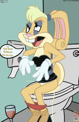 alcohol anthro bathroom beverage black_clothing black_dress bodily_fluids bottomwear bottomwear_down chuckling clothed clothing clothing_lift container cup dress dress_lift drinking_glass drunk female formal_clothing formal_wear genital_fluids glass glass_container glass_cup laugh missed_the_toilet panties panties_down pants pants_down partially_clothed peeing peeing_on_ground peeing_on_self public_restroom red_clothing red_panties red_underwear restroom_stall solo substance_intoxication toilet toilet_paper toilet_use underwear underwear_down urine urine_on_ground urine_on_self urine_stream watersports wetting wine wine_glass thedispenser69 looney_tunes warner_brothers lola_bunny lagomorph leporid mammal rabbit hi_res