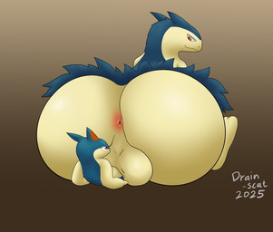 anthro anus backsack balls big_balls big_butt blue_body blue_fur brown_eyes butt duo fur genitals looking_back male multicolored_body simple_background sitting sitting_on_another size_difference size_play tail tan_body tan_fur tea_bagging two_tone_body wide_hips drain_scat nintendo pokemon generation_2_pokemon mammal pokemon_(species) quilava typhlosion 2025 hi_res