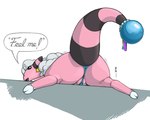 2023 anus big_butt blue_anus blue_clitoris blue_pussy bovid butt caprine clitoris cloven_hooves dialogue ear_piercing ear_tag ecmajor female feral flaaffy fur generation_2_pokemon genitals hair hi_res hooves inviting mammal nintendo piercing pink_body pink_fur pokemon pokemon_(species) presenting presenting_hindquarters pussy raised_tail solo tail thick_tail white_hair
